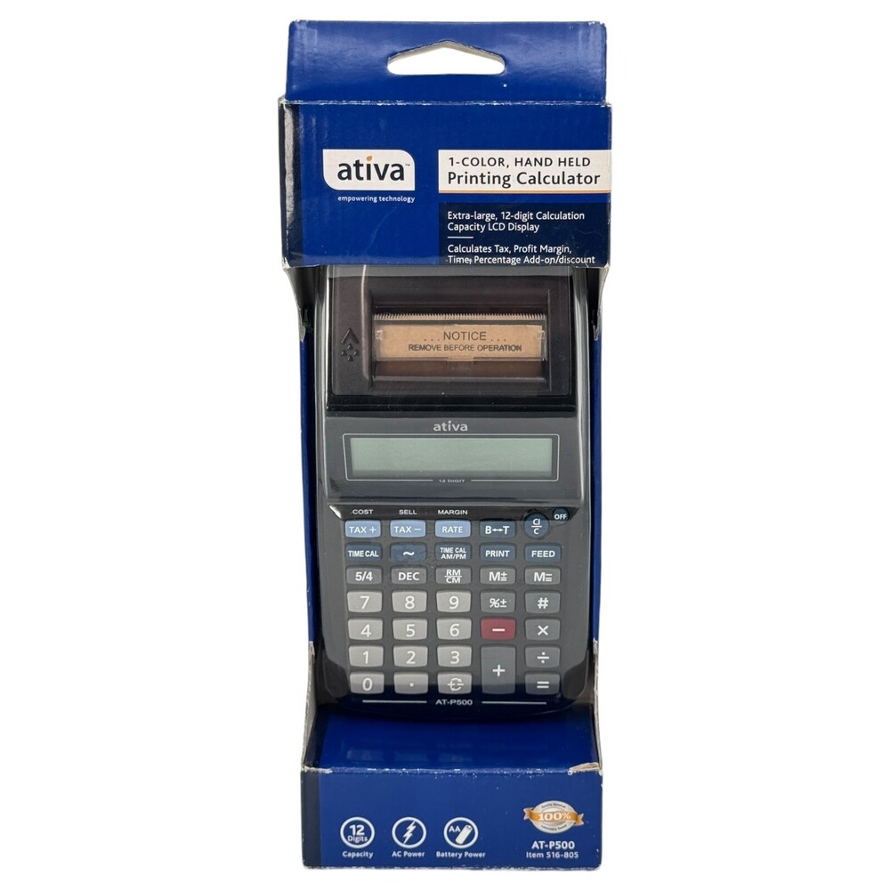 Handheld Printing Calculator Retail XL Display AC/DC Battery Ativa AT-P500 NIB